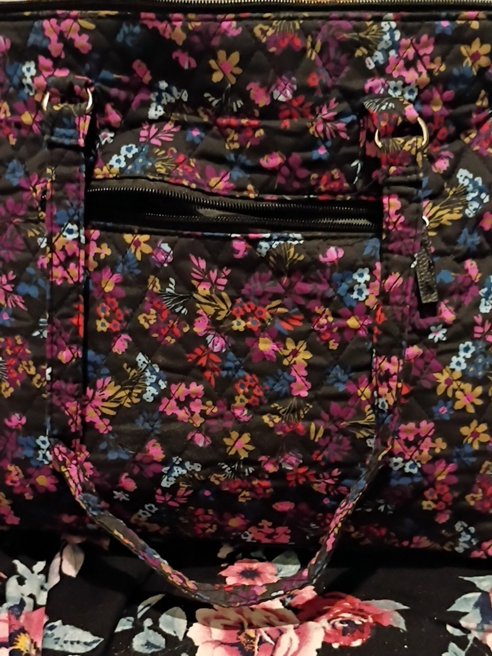 Quilted Floral Travel Tote Bag in Black with Pink & Blue Flowers